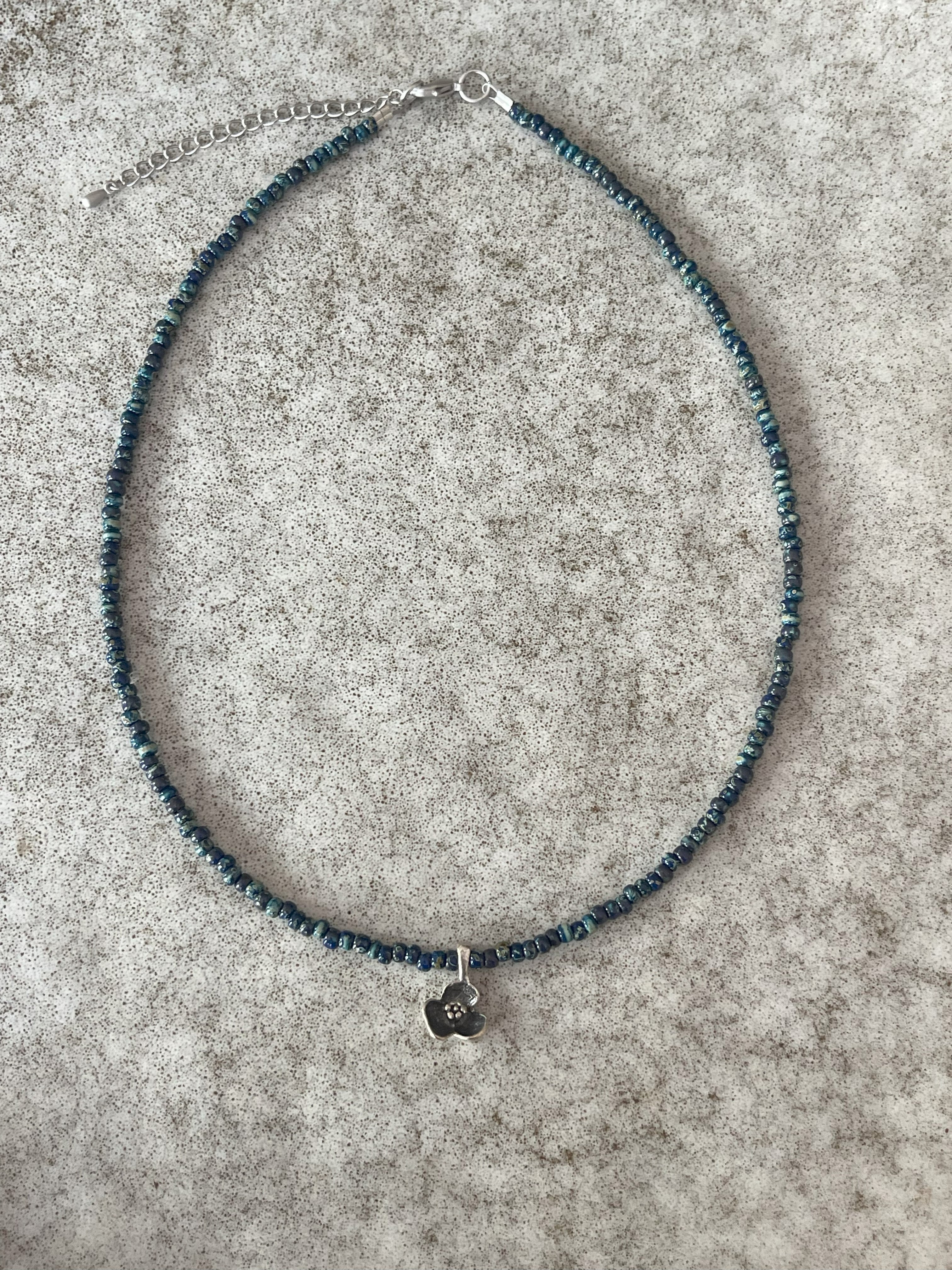 Czech Glass Picasso Beaded Necklace with Petite Silver Flower